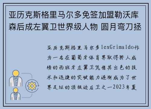 亚历克斯格里马尔多免签加盟勒沃库森后成左翼卫世界级人物 圆月弯刀拯救球队 亚历克斯格里马尔多免签加盟勒沃库森后成左翼卫世界级人物 圆月弯刀拯救球队