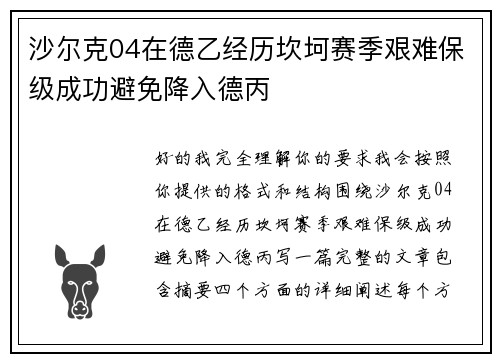 沙尔克04在德乙经历坎坷赛季艰难保级成功避免降入德丙